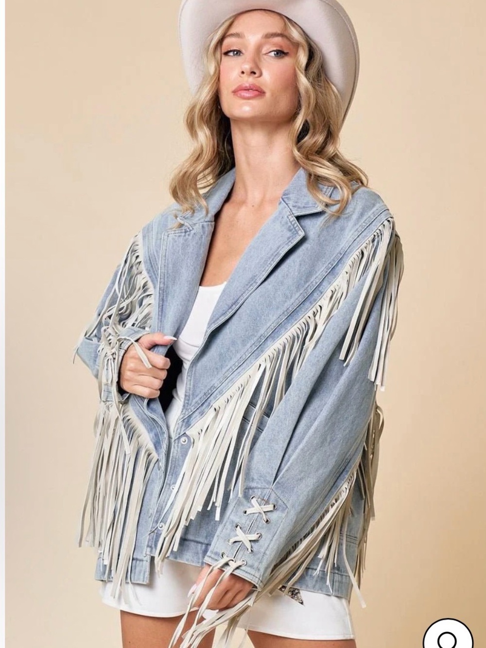 Saints & Hearts Light Blue Fringe Denim Jacket with White Trim - Picture 3 of 10